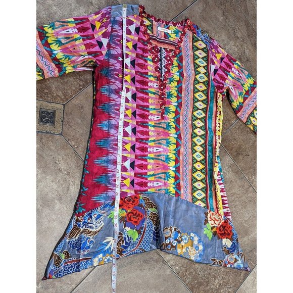 Johnny Was Kamelia Mixed Print V-Neck Button Front 100% Silk Blouse M - Picture 6 of 12